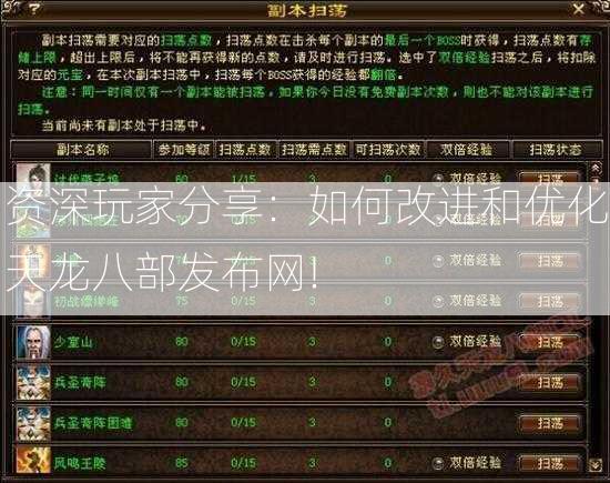 资深玩家分享：如何改进和优化天龙八部发布网!